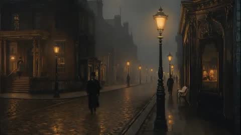 Man Emerging from Fog Walking Rain-Slick Victorian Street under Gaslight Noir Cinematic