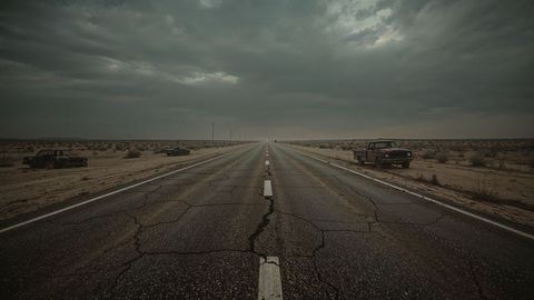 Lonely desert road earthquake with abandoned vehicles under moody sky
