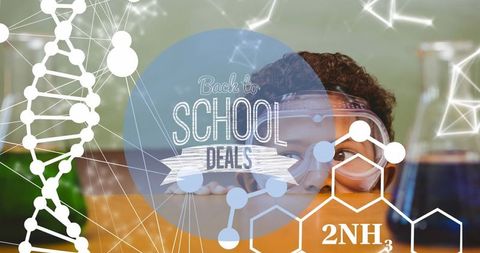 Excited schoolboy with science graphics for back to school promo