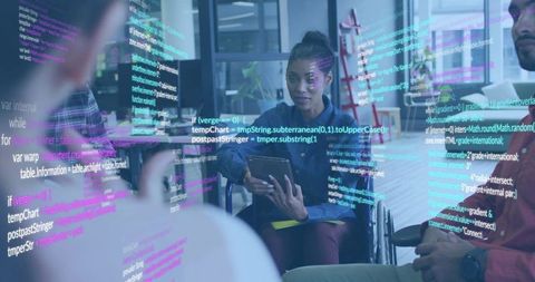 Female tech leader in wheelchair presenting tablet with code overlay in modern glass office