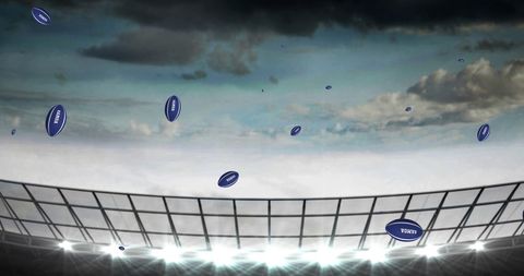 Rugby Balls with Samoa Text Falling Over Stadium Under Cloudy Sky