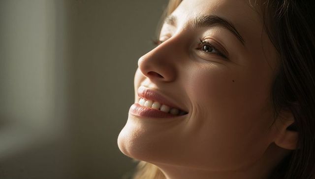 Warm close-up portrait smiling young woman looking up by window with beauty mark