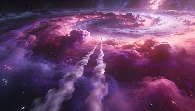 Rocket silhouette heading toward vibrant spiral nebula with twin exhaust plumes