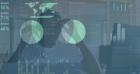 African american businessman analyzing global data with digital interface