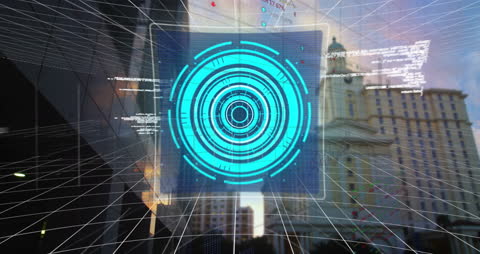 Digital Scope Visual with Cityscape and Financial Data Elements