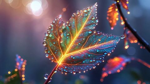 Iridescent leaf of the dreaming tree glowing in dusk with dew droplets
