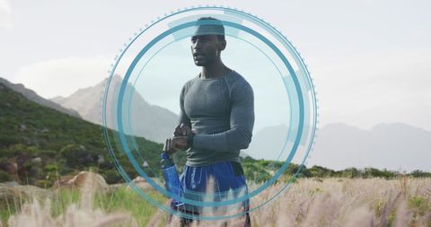 Focused African American Man Exercising with Digital Overlay in Nature