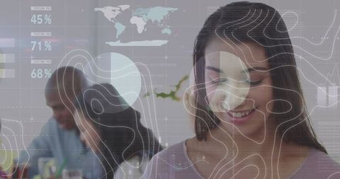 Digital Data Overlay on Businesswoman Using Tablet in Modern Office