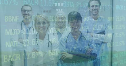 Diverse Medical Professionals with Financial Data Overlay