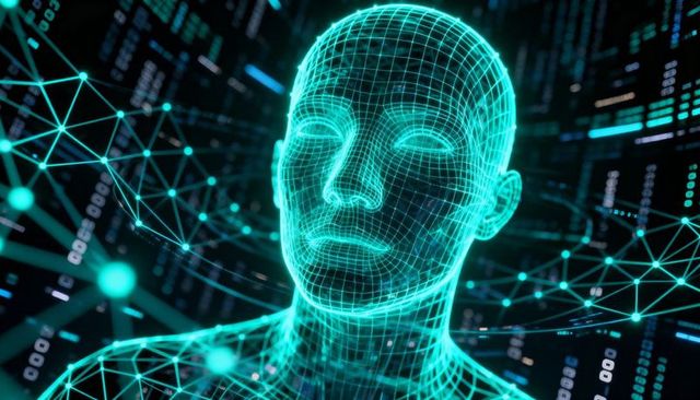 Glowing cyan wireframe human avatar floating in neural network grid with data nodes