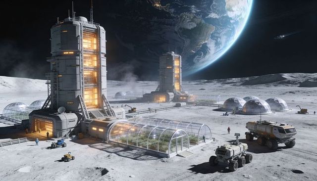 Operating lunar greenhouse colony with habitat towers, geodesic domes and rovers