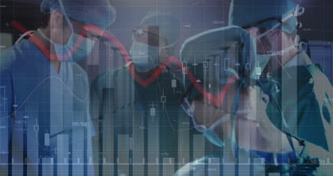 Surgeons Performing Operation with Financial Data Overlay