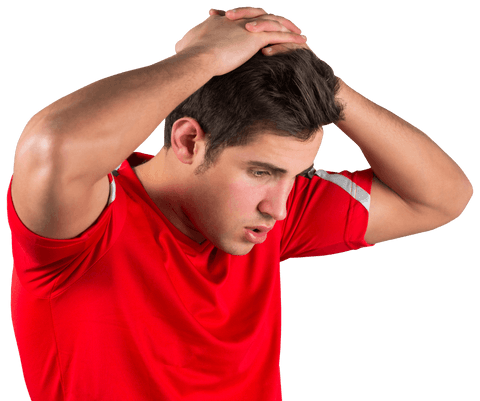 Disappointed Football Fan Holding Head in Red Shirt, Transparent Background