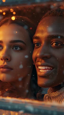 Intimate Winter Window Conversation: Couple Sharing Warm Glow and Bokeh Lights, Vertical Video