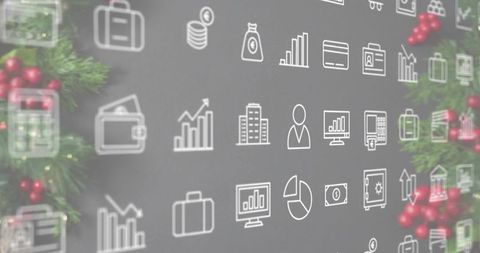 Festive finance icon grid on gray chalkboard with evergreen sprigs for holiday business