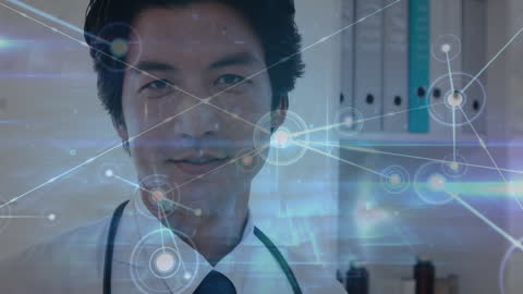 Asian Doctor Connected Through Digital Network Interface