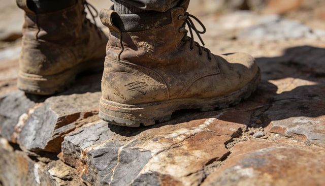 Worn leather hiking boots standing on cracked layered rock in sunlit terrain