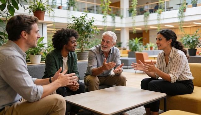 Multigenerational team discussing strategy in green office lounge collaborating informally