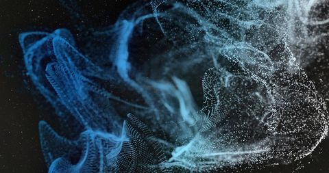 Swirling neon particle ribbon forming dynamic blue wavefields over black void for tech data science