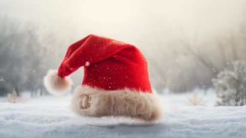 Santa Hat Swaying on Snowy Meadow with Frosted Trees and Gentle Falling Snow Loop