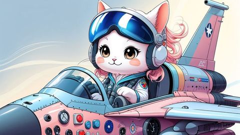 Whimsical cat pilot in colorful f16 jet cockpit adventure