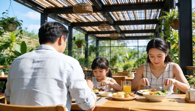 Family enjoying healthy outdoor brunch under pergola surrounded by lush greenery and sunlight