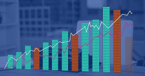 Rising 3D Bar Chart with Line Trends on Office Desk for Business Growth Visualization