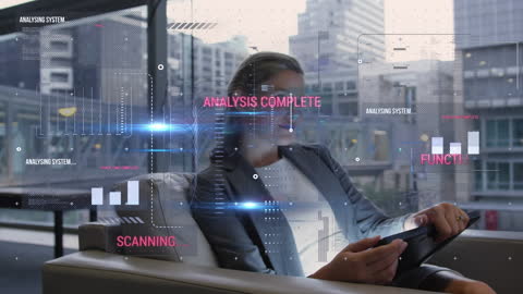 Futuristic Businesswoman Analyzing Financial Data on Tablet