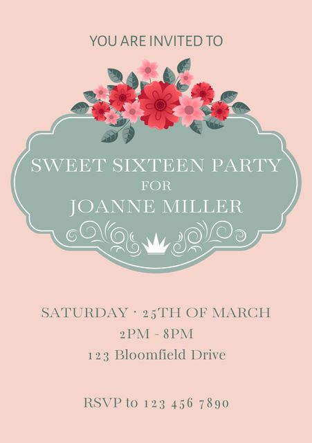 This invitation template is perfect for sweet sixteen birthday parties. Features pastel pink background with elegant floral design. Ideal for sending to friends and family to invite them for a special celebration. Use for electronic or printed invitations.