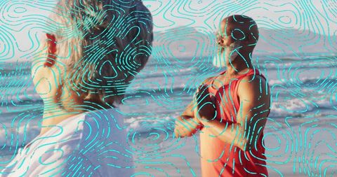 Two People Meditating on Beach with Abstract Overlay
