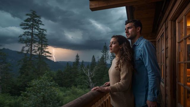Couple watching lightning over forest from cabin balcony at stormy dusk — intimate moment