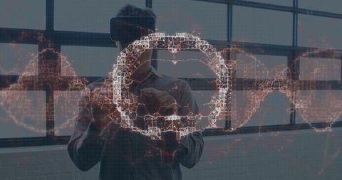 Businessman Using VR Headset with Rotating Brain and Data Visualization