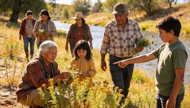 Multigenerational family gathering wildflowers, harvesting herbs riverside at golden hour