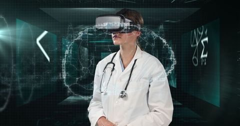 Female doctor using vr headset for medical analysis in digital environment