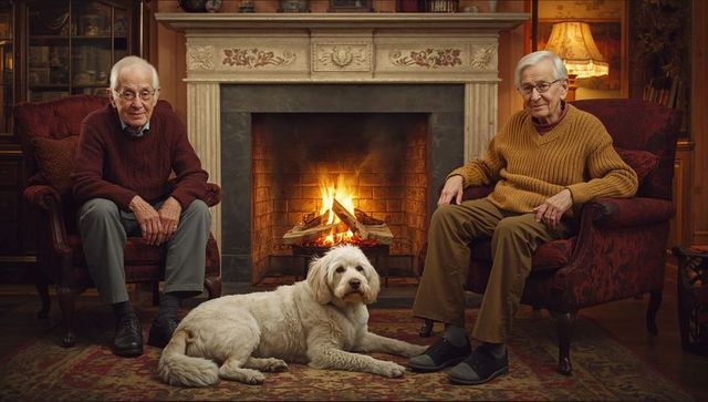 Elderly men and dog in cozy living room by fireplace