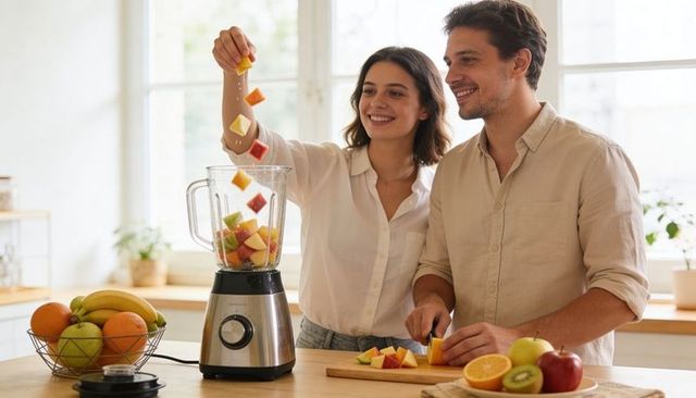 Couple preparing fresh fruit smoothie in sunlit kitchen, adding diced fruit to blender