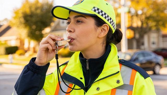 Traffic officer blowing whistle in hi-vis jacket with checkered cap directing traffic