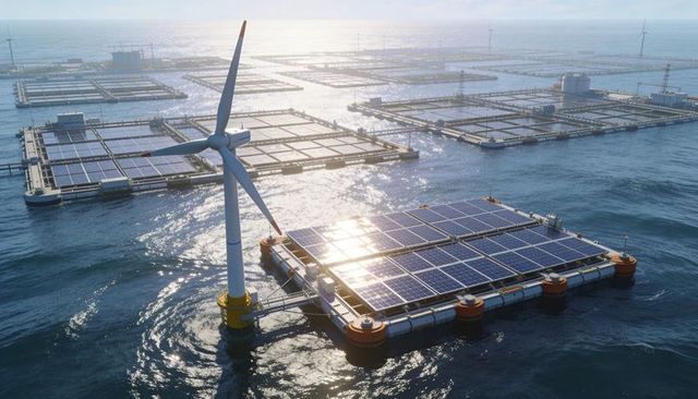 Sunlit floating solar array with offshore wind turbine, marine renewable energy farm