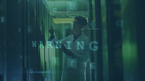 Technician in Server Room with Cybersecurity Alerts