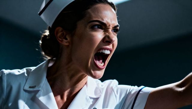 Shouting nurse confronting crisis in hospital anger, intensity, dramatic healthcare scene