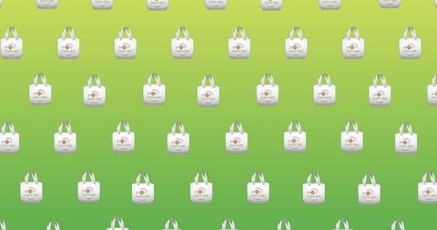 Pattern of reusable eco-friendly bags on gradient green background