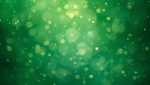 Glowing emerald bokeh background shimmering with hexagon glitter and soft light orbs