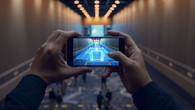 Holding smartphone overlaying augmented reality wayfinding hologram in conference corridor