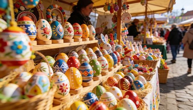 Displaying hand-painted Easter eggs on colorful market stall with wicker baskets, vendor