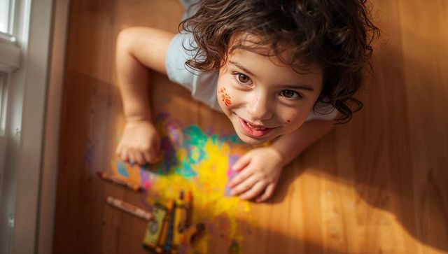 Curly child smiling while spreading bright chalk and crayons on sunlit wooden floor