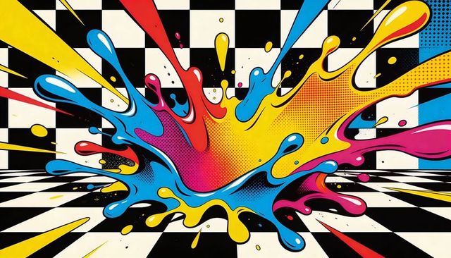Exploding cmyk paint splash on retro checkered plane with halftone dots and vanishing lines