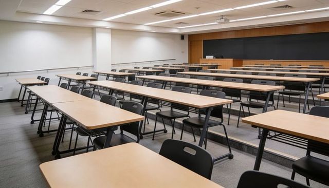 Empty modern tiered classroom with wood tables, black chairs, lectern and projector