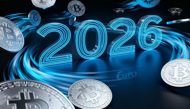 Neon 2026 futuristic cryptocurrency scene with floating bitcoin coins and blue trails