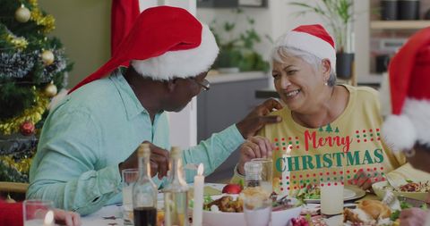 Senior Couple Enjoying Christmas Dinner in Festive Hats