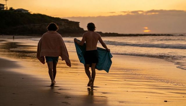 Sunset beach walk two adults carrying towels walking along wet sand silhouettes footprints and waves